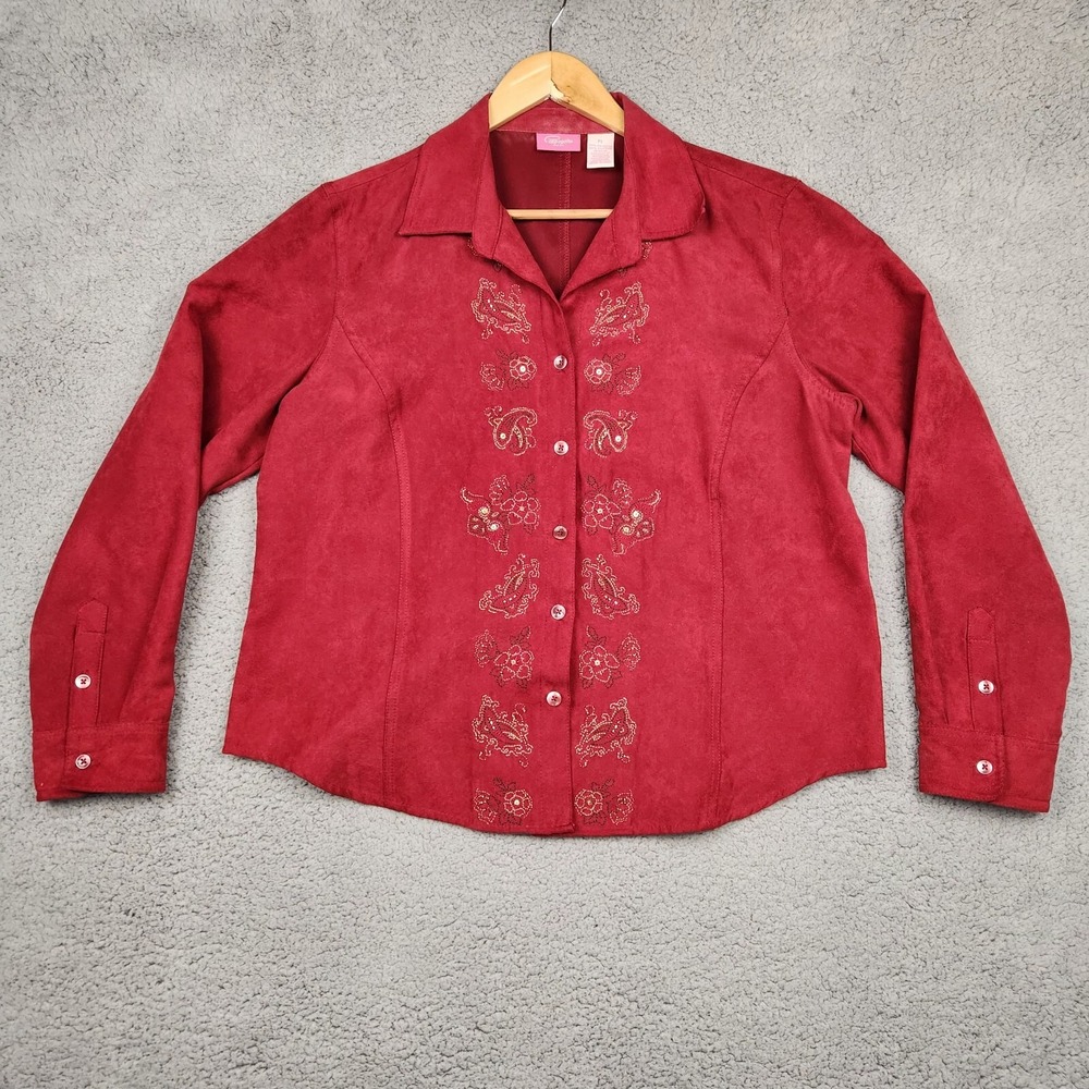 Pappagallo Shirt Womens Large Vintage Velour Embroidered long sleeve Button up